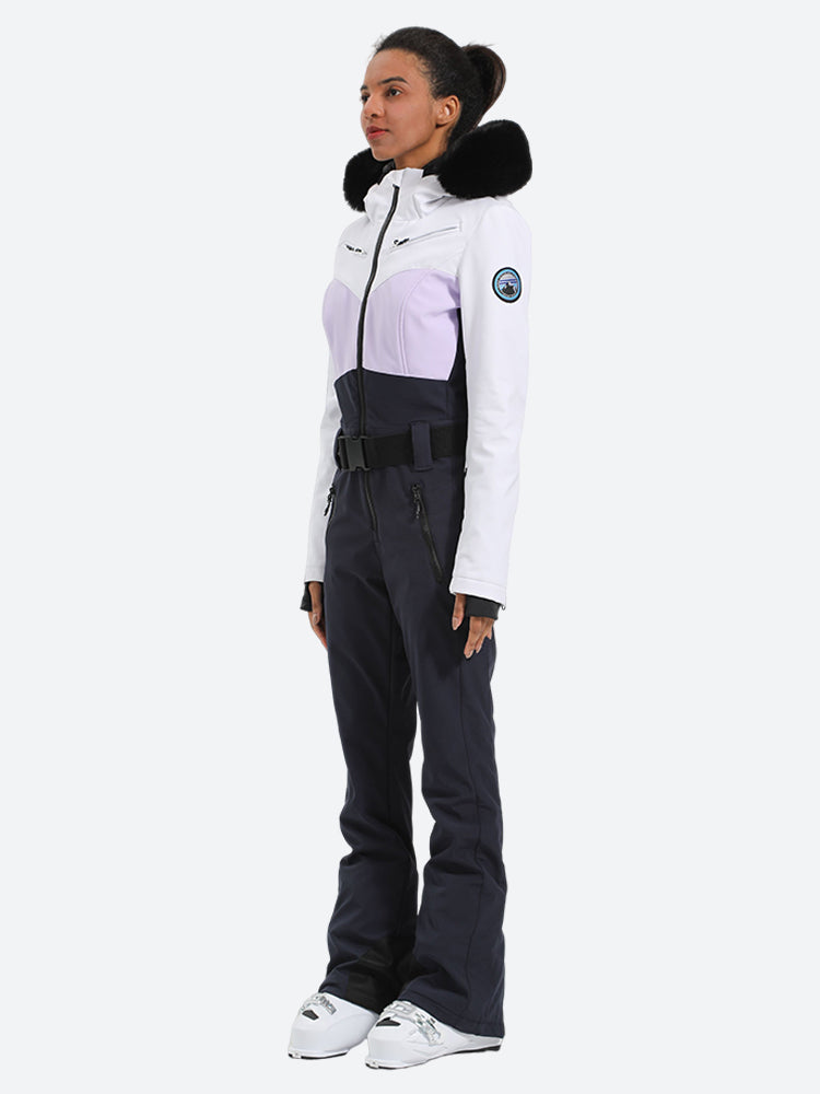 Women's Purple & Black Waist-Defining Insulated Waterproof Ski Suits One-Piece Snowboard Suit