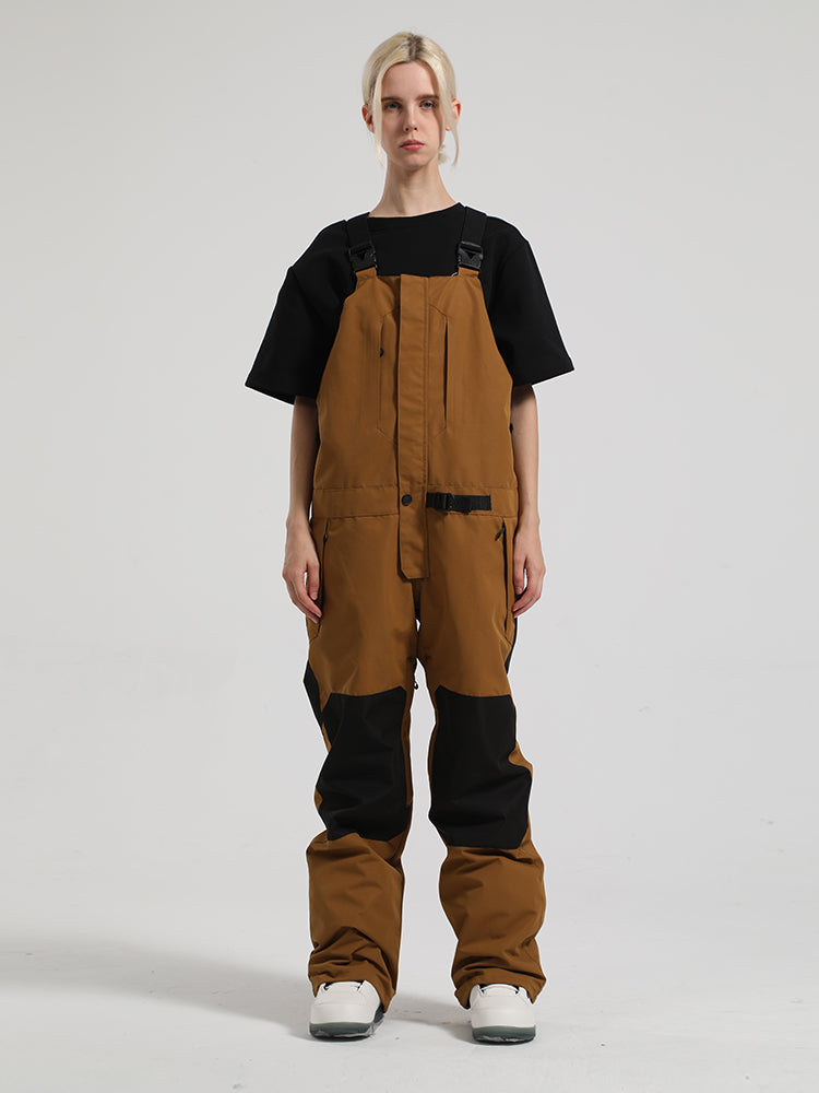 Women's Khaki Full-Zip Hook & Loop Closure Ski Bibs Snow Bibs