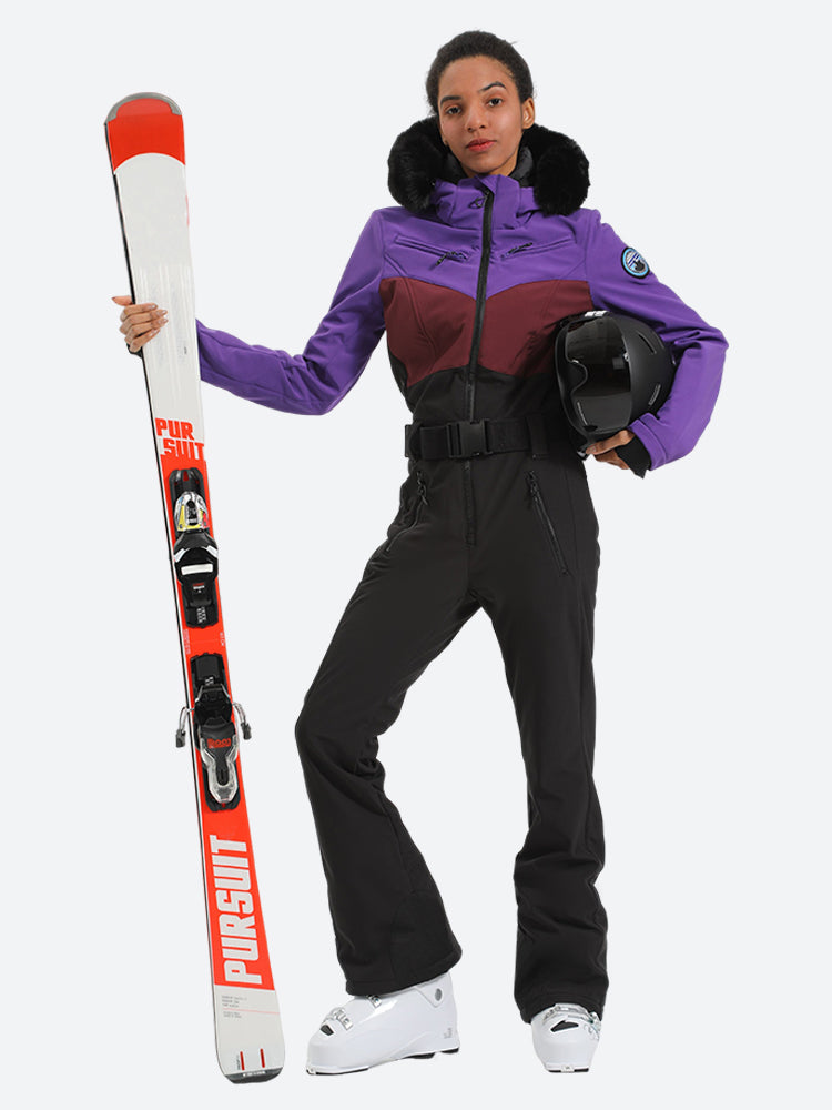 Women's Purple & Black Waist-Defining Insulated Waterproof Ski Suits One-Piece Snowboard Suit