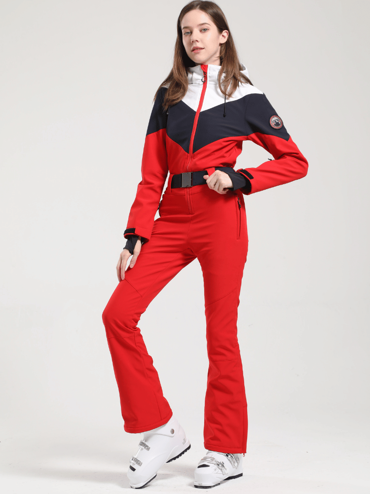 Women's One Piece Ski Suit Retro Belted Slim Ski Jumpsuit