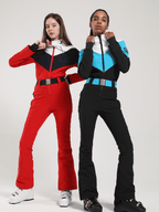 Women's One Piece Ski Suit Retro Belted Slim Ski Jumpsuit