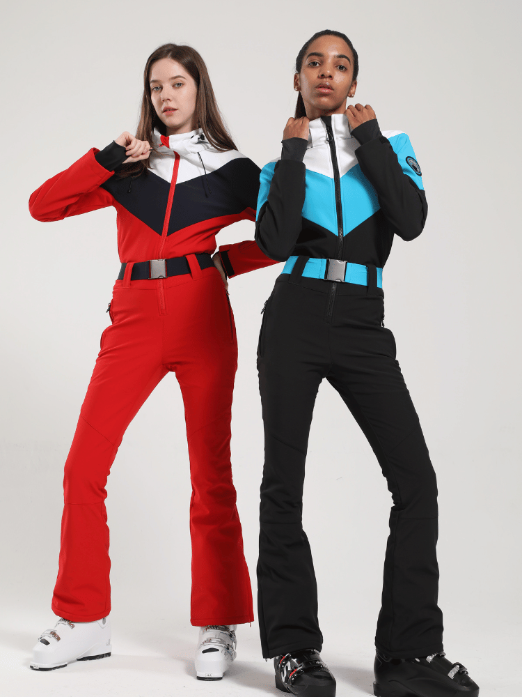 Women's One Piece Ski Suit Retro Belted Slim Ski Jumpsuit