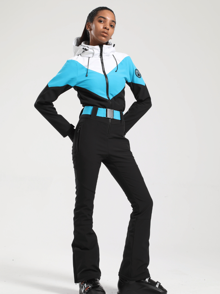 Women's One Piece Ski Suit Retro Belted Slim Ski Jumpsuit