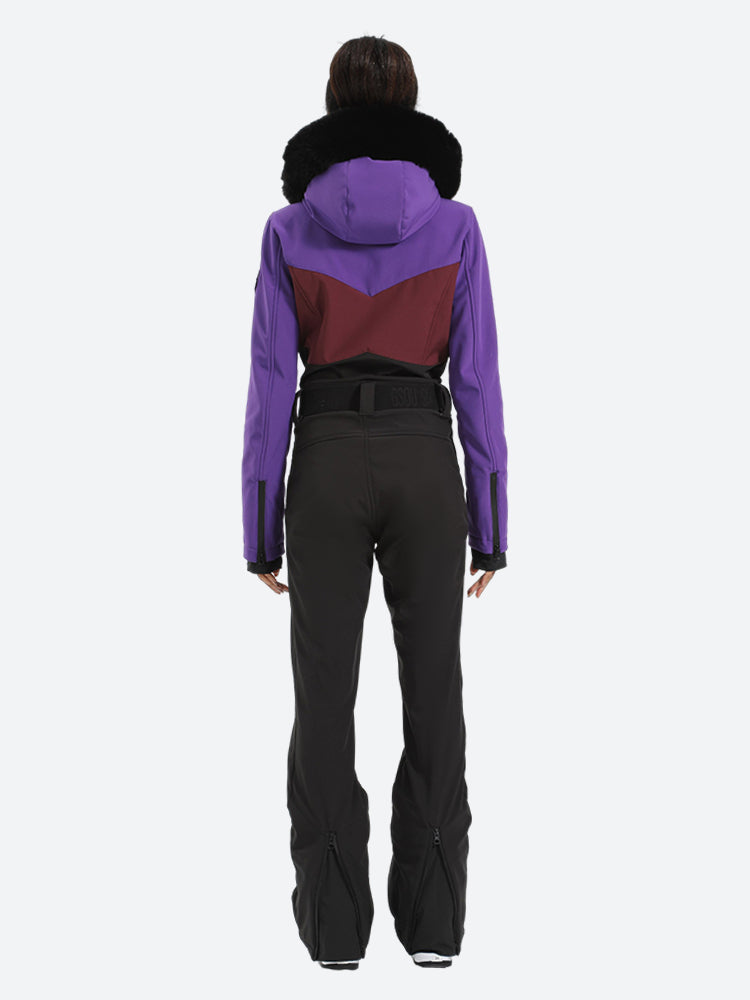 Women's Purple & Black Waist-Defining Insulated Waterproof Ski Suits One-Piece Snowboard Suit