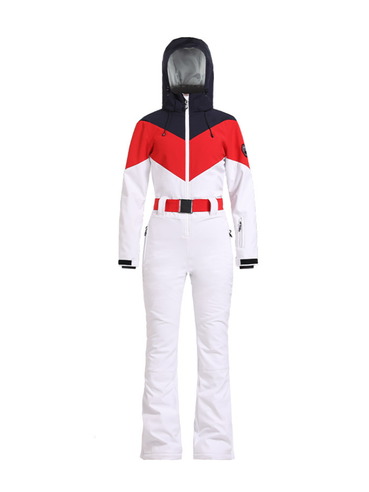 Women's One Piece Ski Suit Retro Belted Slim Ski Jumpsuit