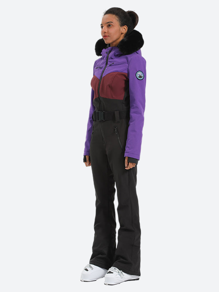 Women's Purple & Black Waist-Defining Insulated Waterproof Ski Suits One-Piece Snowboard Suit