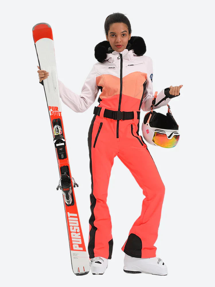Women's Orange & Pink Waist-Defining Insulated Waterproof Ski Suits One-Piece Snowboard Suit Main image