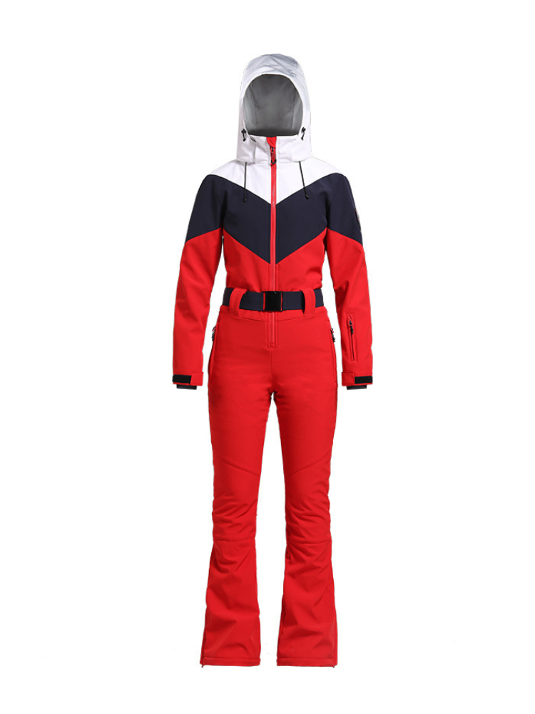 Women's One Piece Ski Suit Retro Belted Slim Ski Jumpsuit