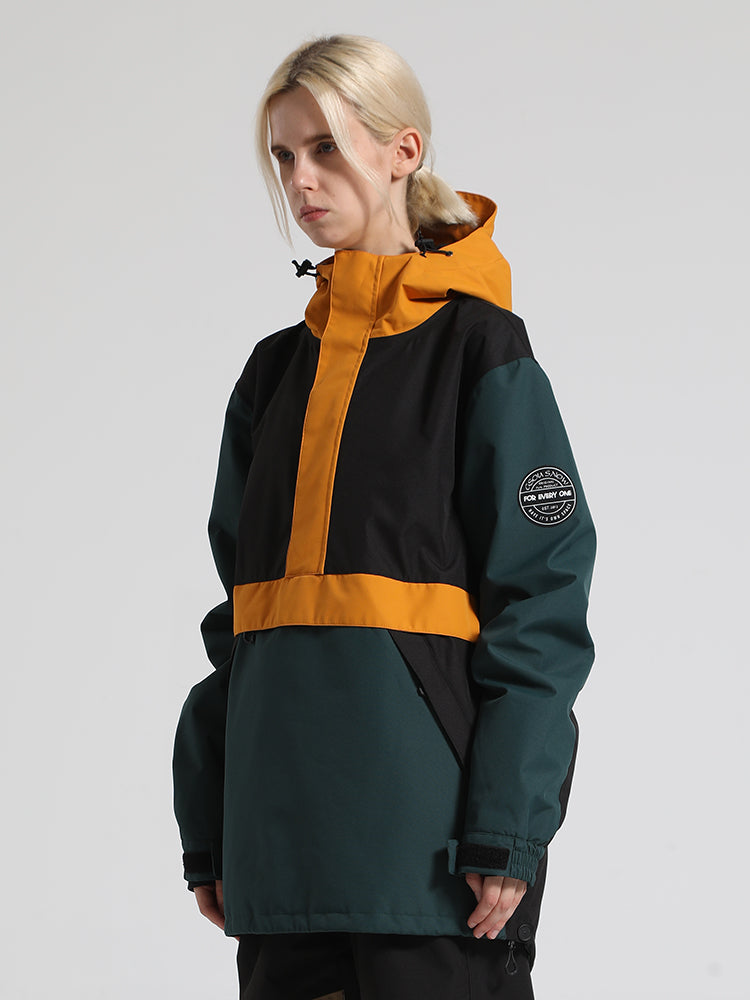 Women's Black & Green Insulated Color-Block Kangaroo Pocket Ski Anorak Snow Anoraks