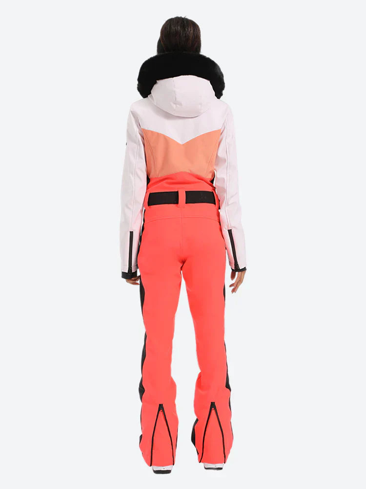 Women's Orange & Pink Waist-Defining Insulated Waterproof Ski Suits One-Piece Snowboard Suit