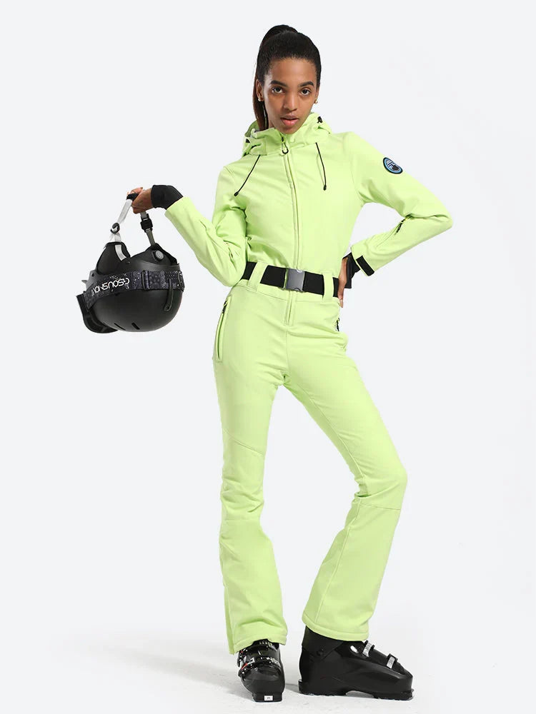 Womens One Piece Snowsuit Belted Flare Slim Ski Suits