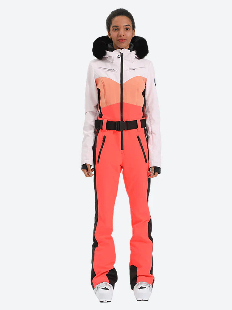 Women's Orange & Pink Waist-Defining Insulated Waterproof Ski Suits One-Piece Snowboard Suit