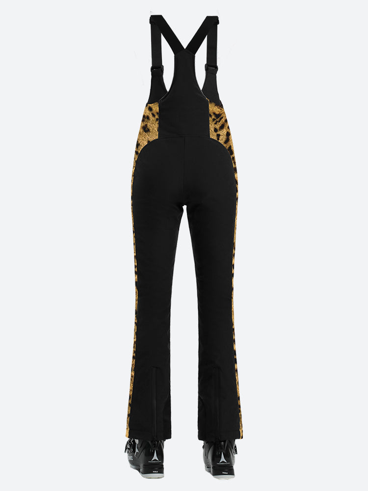 Women's Black & Snow Leopard Slim-Fit Articulated-Knee Ski Bibs Snow Bibs