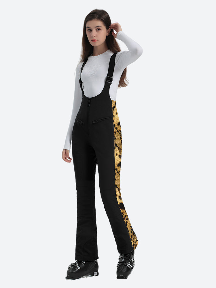 Women's Black & Leopard Slim-Fit Articulated-Knee Ski Bibs Snow Bibs Secondary image