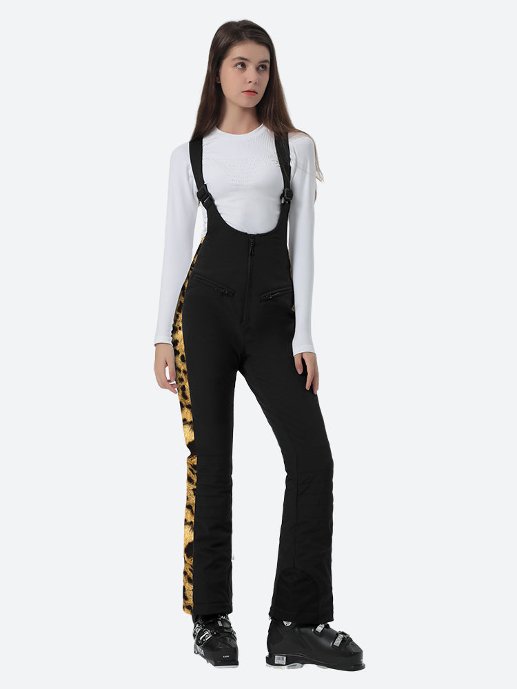 Women's Black & Leopard Slim-Fit Articulated-Knee Ski Bibs Snow Bibs Main image