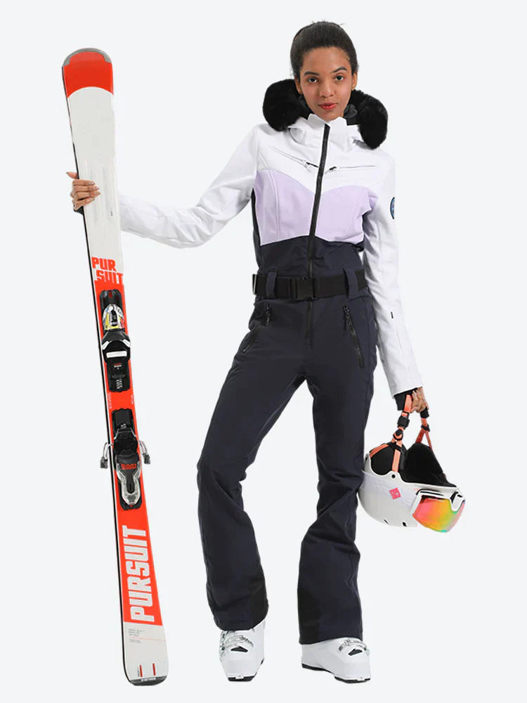 Women's Lavender & Navy Waist-Defining Insulated Waterproof Ski Suits One-Piece Snowboard Suit Main image