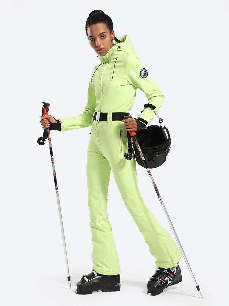 Womens One Piece Snowsuit Belted Flare Slim Ski Suits