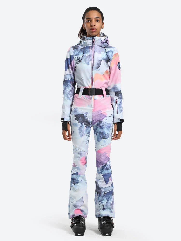Womens One Piece Snowsuit Belted Flare Slim Ski Suits