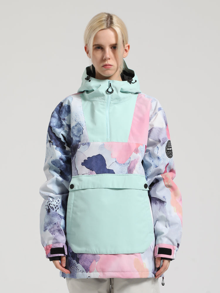 Women's Red & Teal Kangaroo Pocket Patchwork Ski Anorak Snow Anoraks