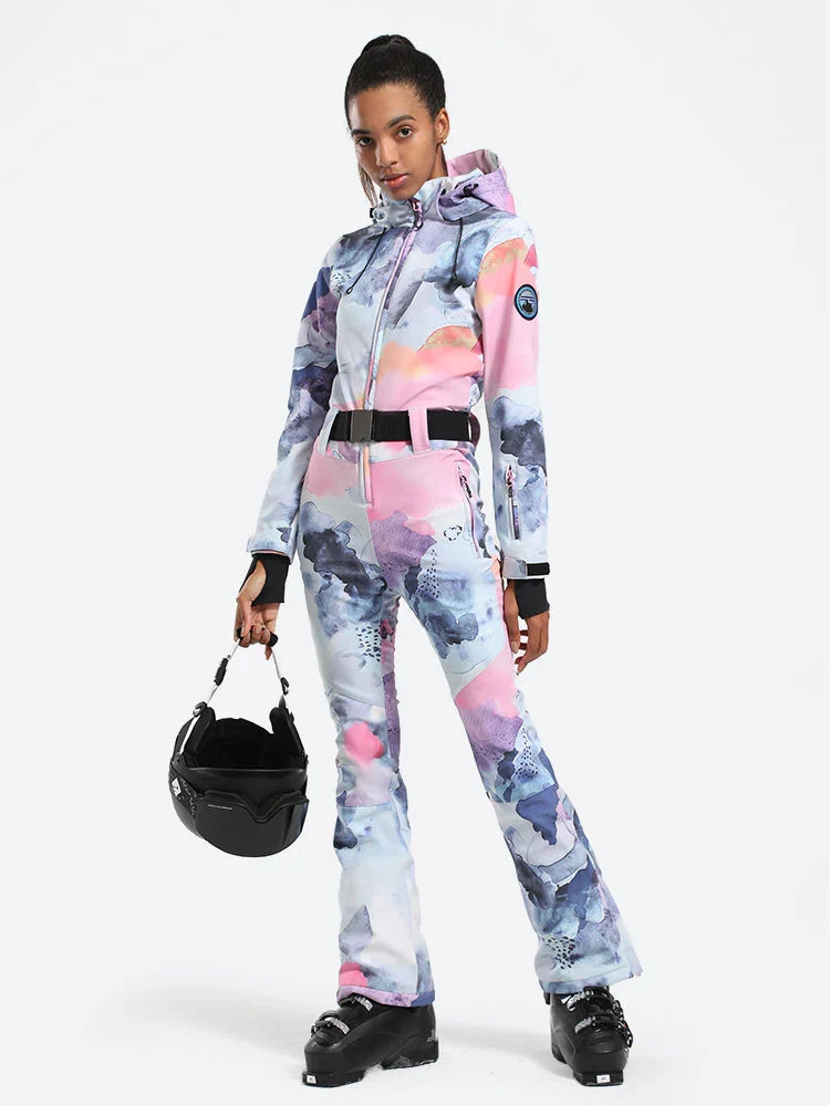 Womens One Piece Snowsuit Belted Flare Slim Ski Suits