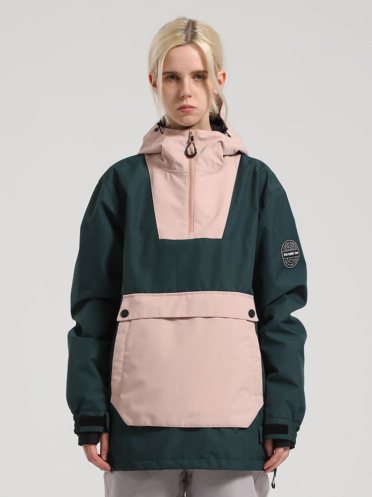 Women's Khaki & Beige Kangaroo Pocket Patchwork Ski Anorak Snow Anoraks
