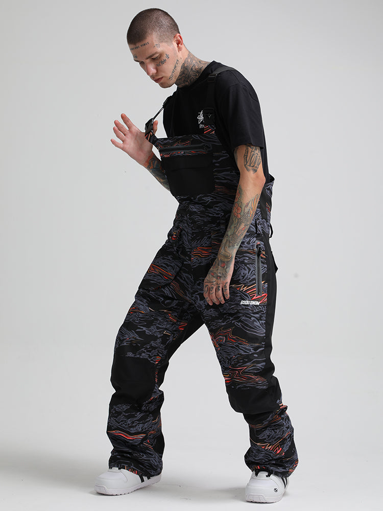 Men's Grey & Red Wave Relaxed-Fit Ski Bibs With Reinforced Knees Snow Bibs