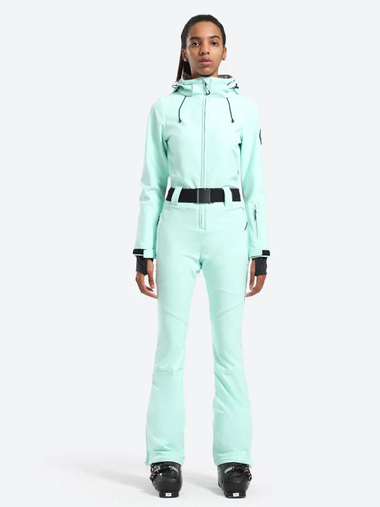 Womens One Piece Snowsuit Belted Flare Slim Ski Suits