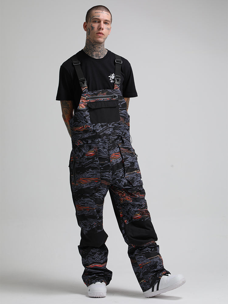 Men's Grey & Red Wave Relaxed-Fit Ski Bibs With Reinforced Knees Snow Bibs