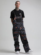 Men's Grey & Red Wave Relaxed-Fit Ski Bibs With Reinforced Knees Snow Bibs