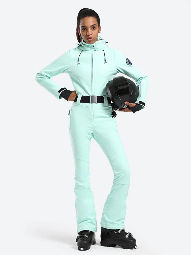 Womens One Piece Snowsuit Belted Flare Slim Ski Suits
