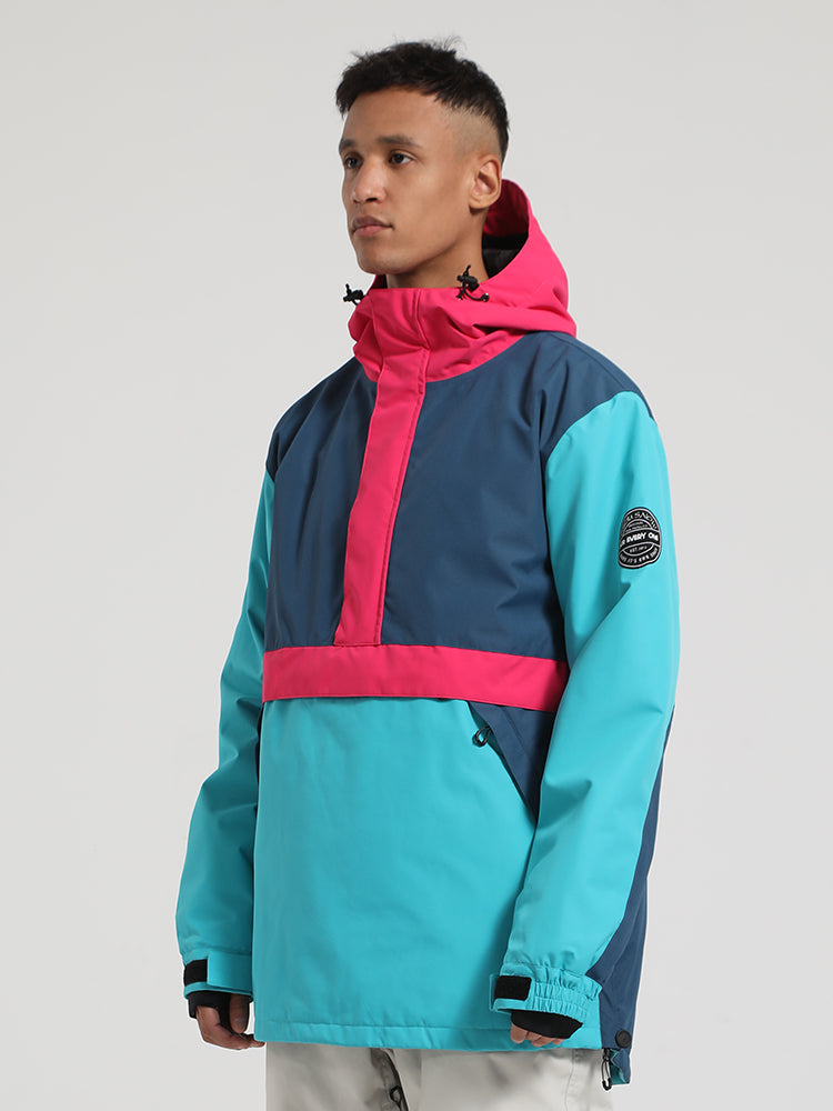Men's Black & Green Insulated Color-Block Kangaroo Pocket Ski Anorak Snow Anoraks