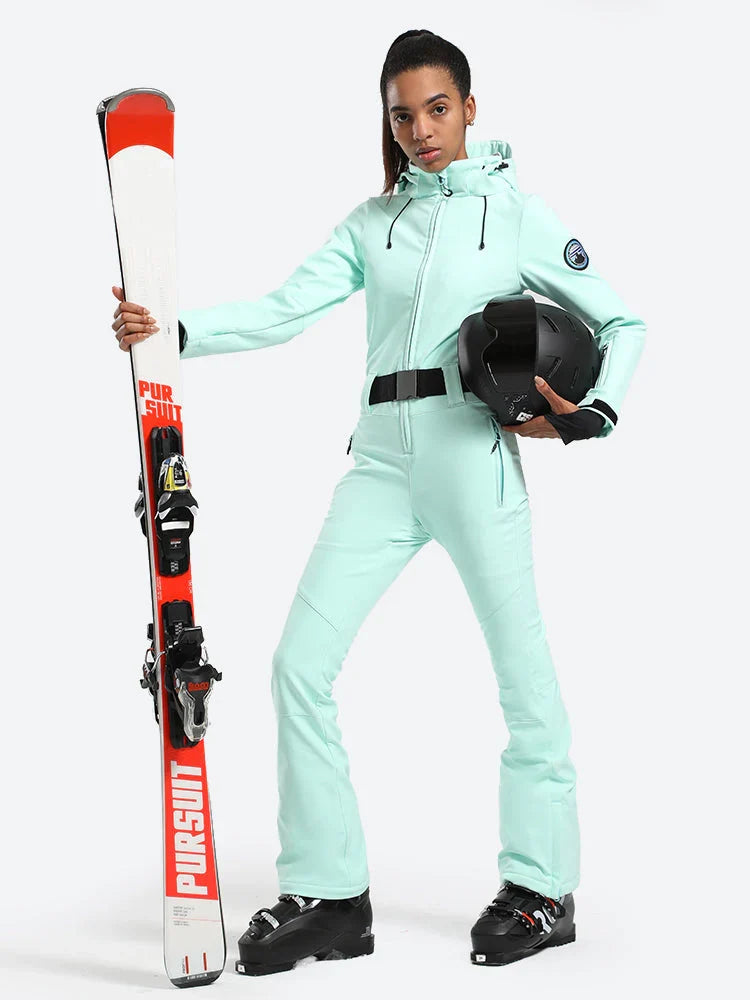 Womens One Piece Snowsuit Belted Flare Slim Ski Suits