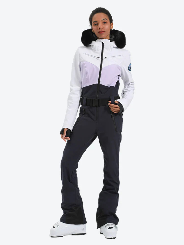 Women's Lavender & Navy Waist-Defining Insulated Waterproof Ski Suits One-Piece Snowboard Suit