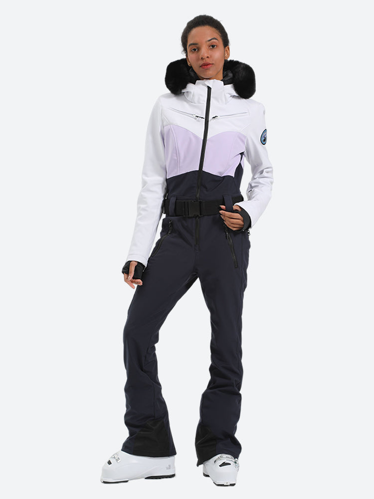 Women's Purple & Black Waist-Defining Insulated Waterproof Ski Suits One-Piece Snowboard Suit