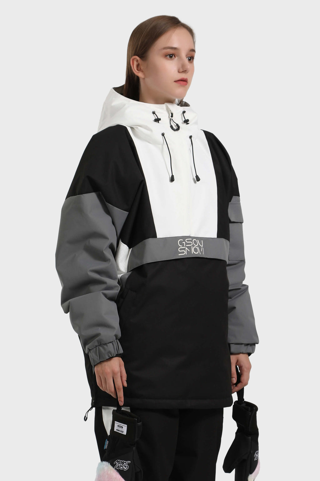 Women's White & Black Baggy Kangaroo Pocket Waterproof Ski Anorak Snowboard Anoraks