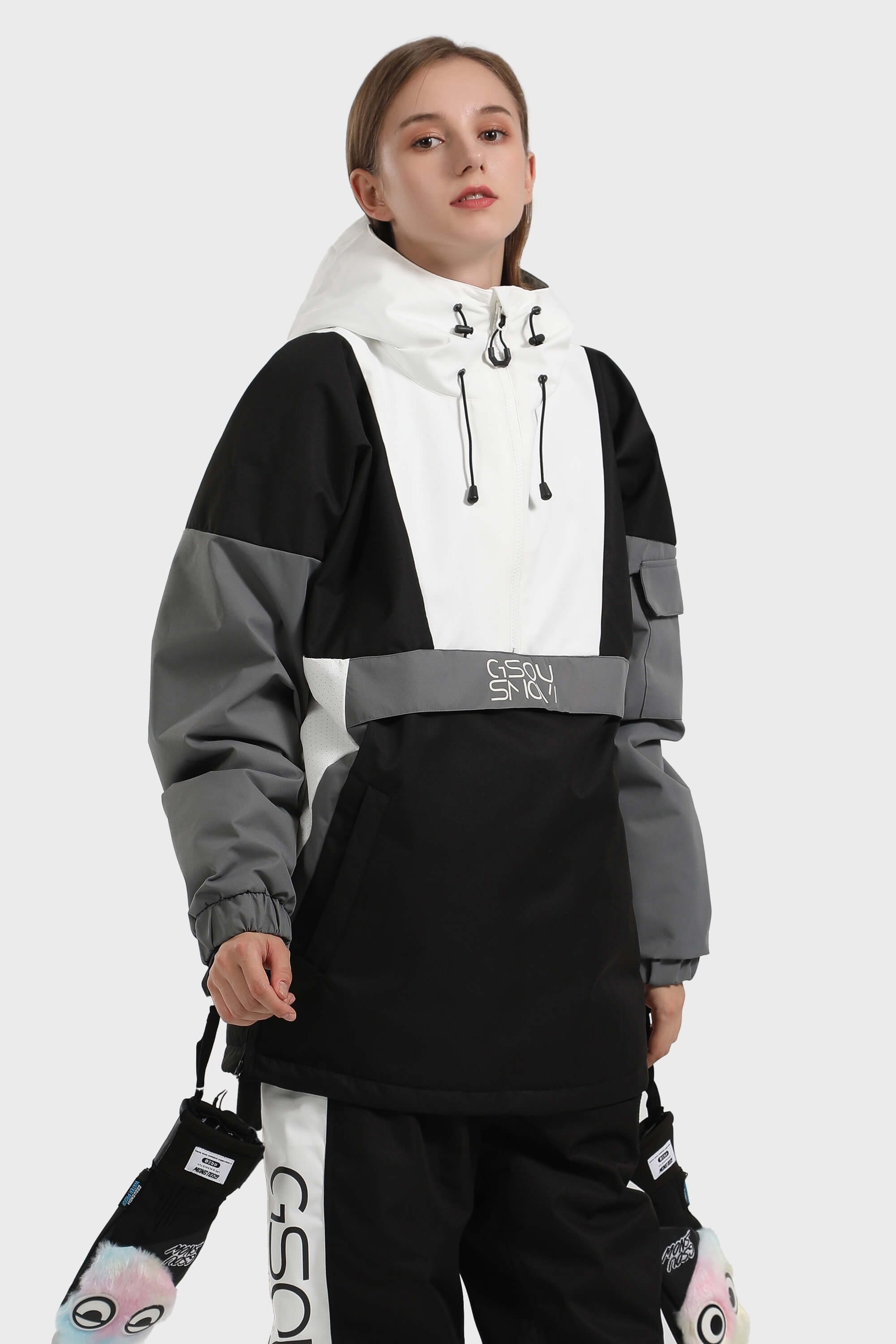 Women's White & Black Baggy Kangaroo Pocket Waterproof Ski Anorak Snowboard Anoraks