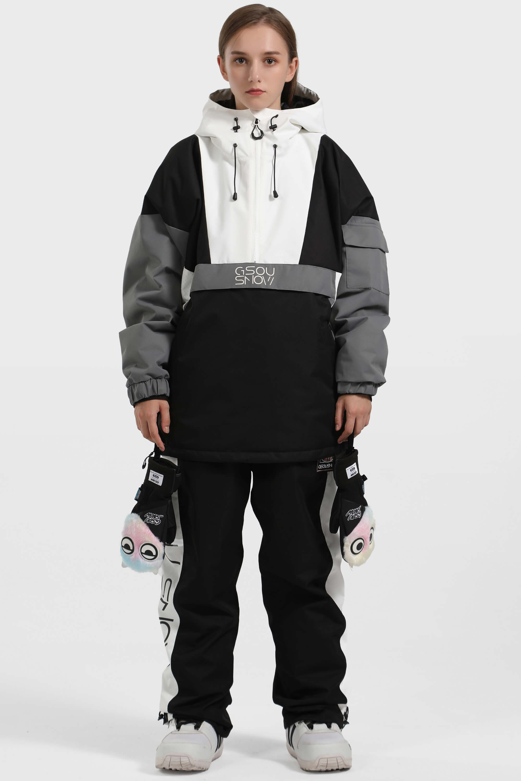 Women's White & Black Baggy Kangaroo Pocket Waterproof Ski Anorak Snowboard Anoraks