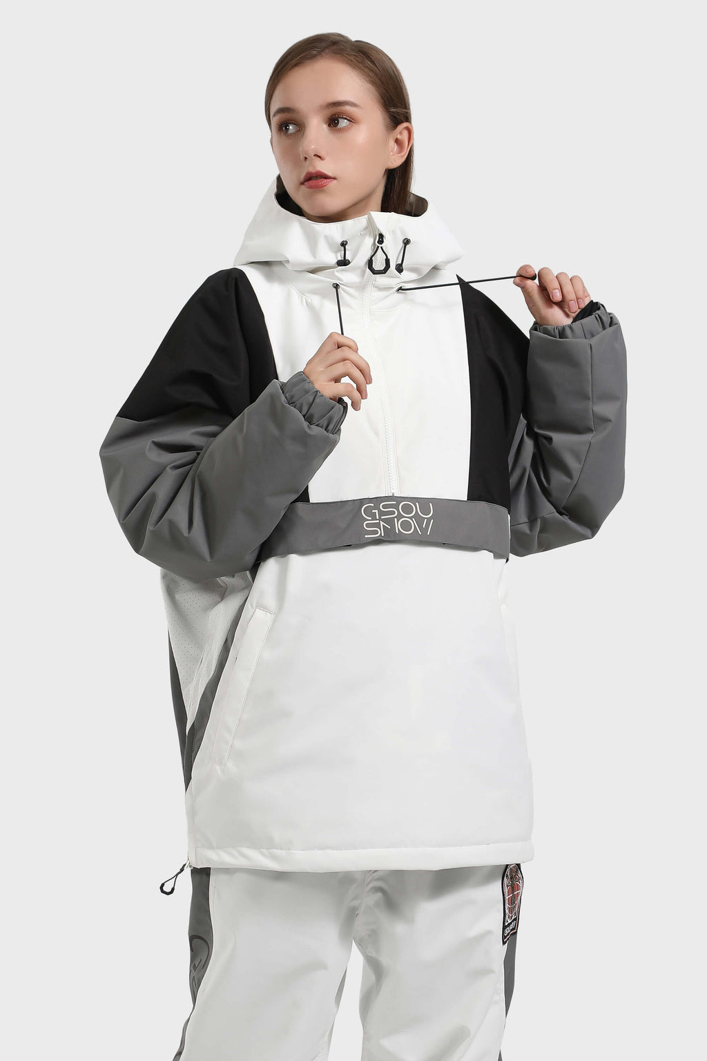 Women's White & Black Baggy Kangaroo Pocket Waterproof Ski Anorak Snowboard Anoraks