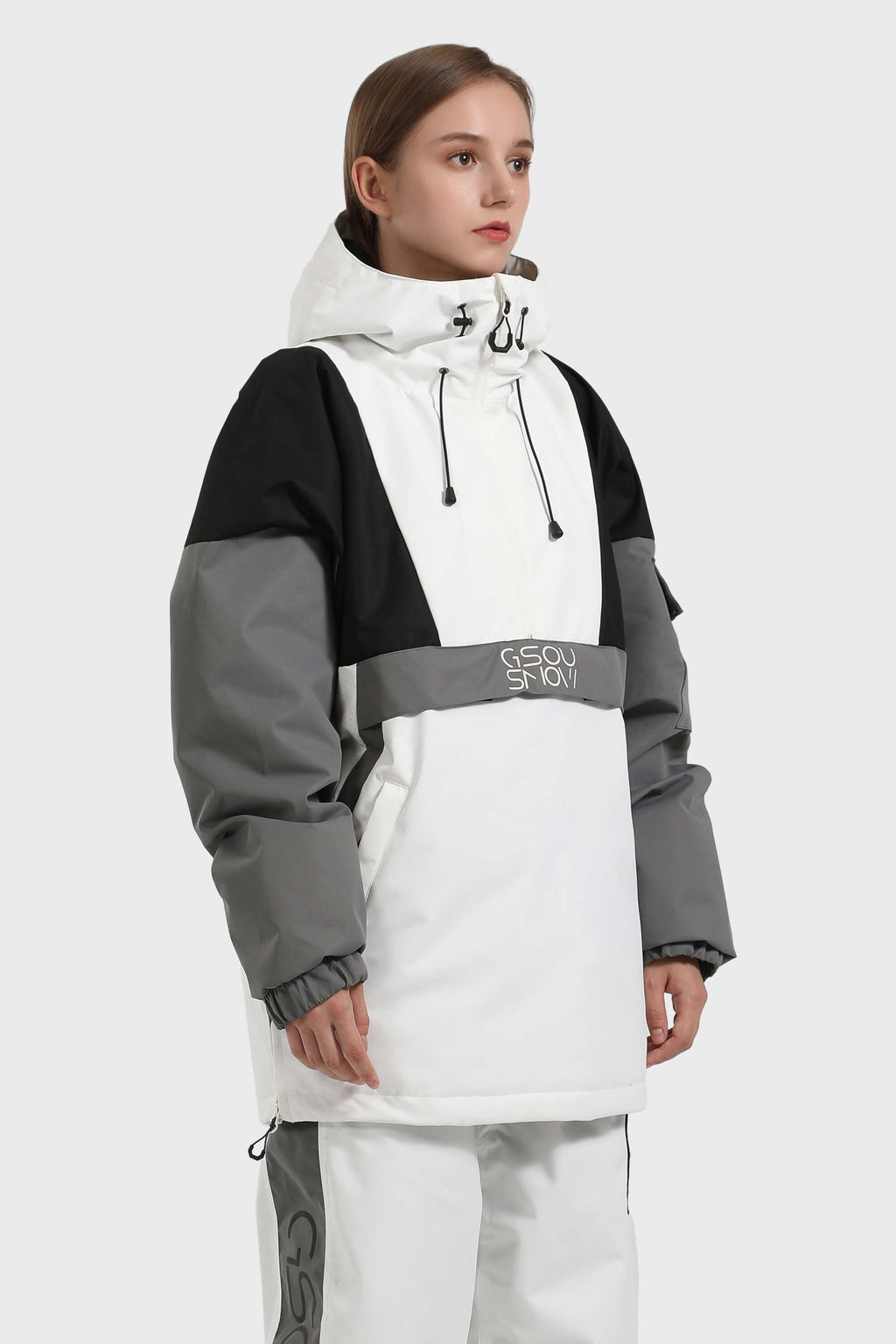Women's Black & White Baggy Kangaroo Pocket Waterproof Ski Anorak Snowboard Anoraks