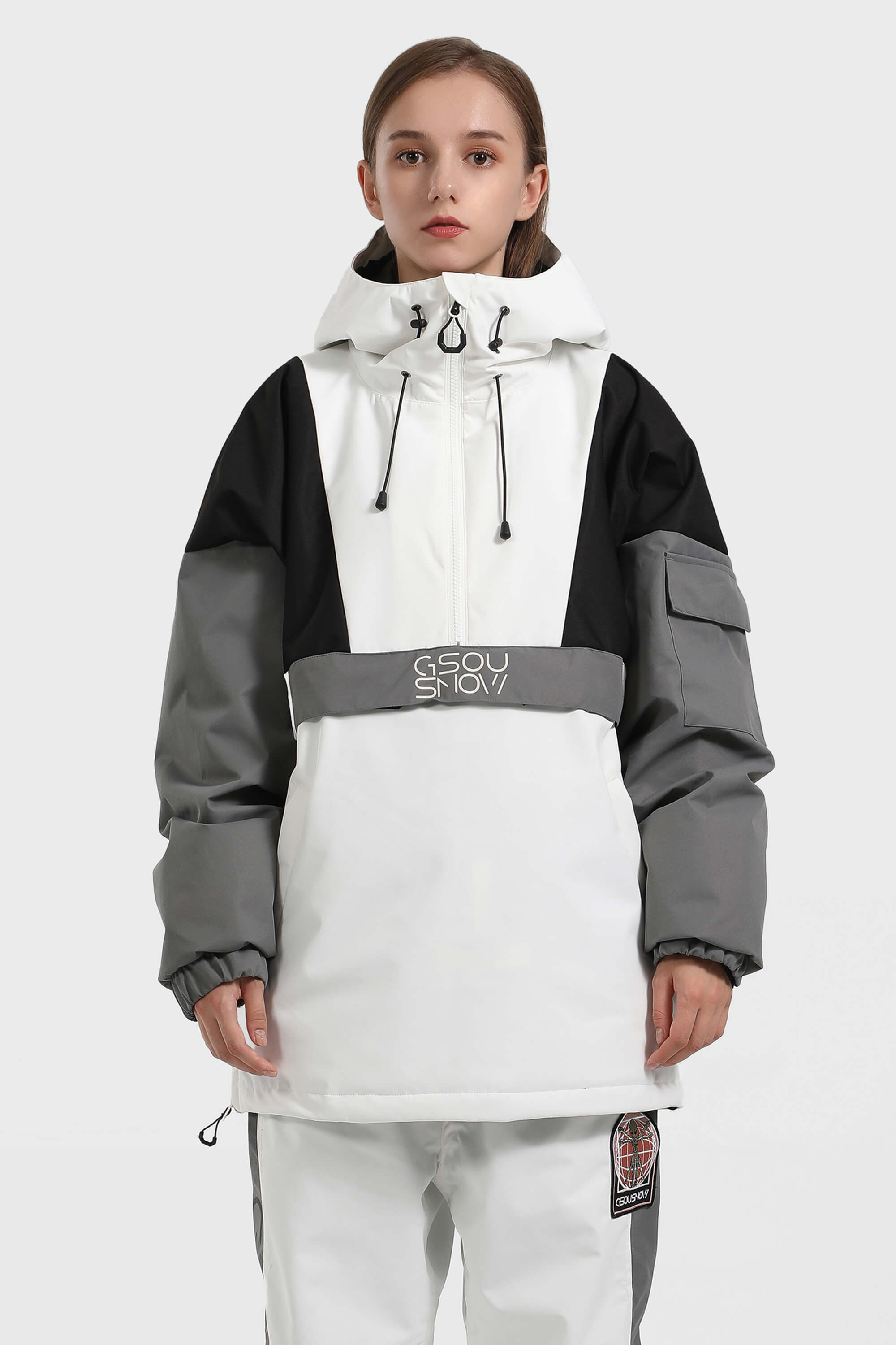 Women's Black & White Baggy Kangaroo Pocket Waterproof Ski Anorak Snowboard Anoraks