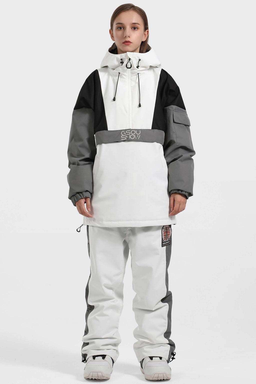 Women's Black & White Baggy Kangaroo Pocket Waterproof Ski Anorak Snowboard Anoraks