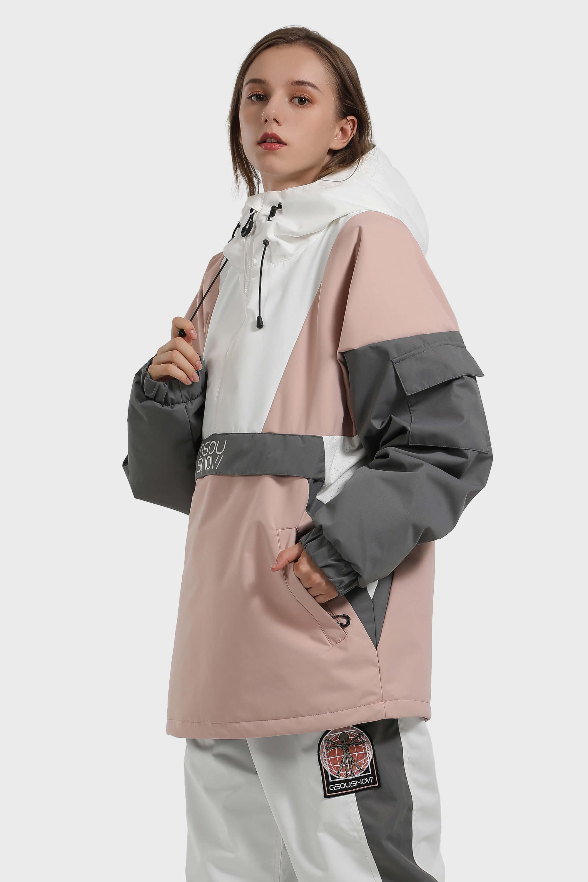 Women's White & Black Baggy Kangaroo Pocket Waterproof Ski Anorak Snowboard Anoraks