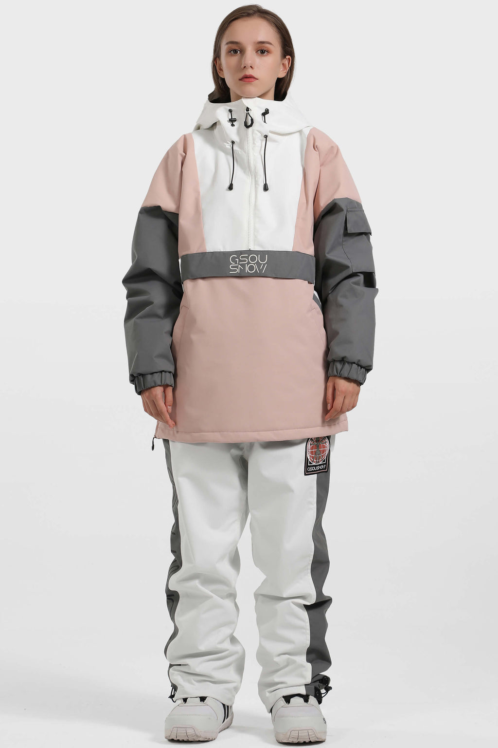 Women's White & Black Baggy Kangaroo Pocket Waterproof Ski Anorak Snowboard Anoraks