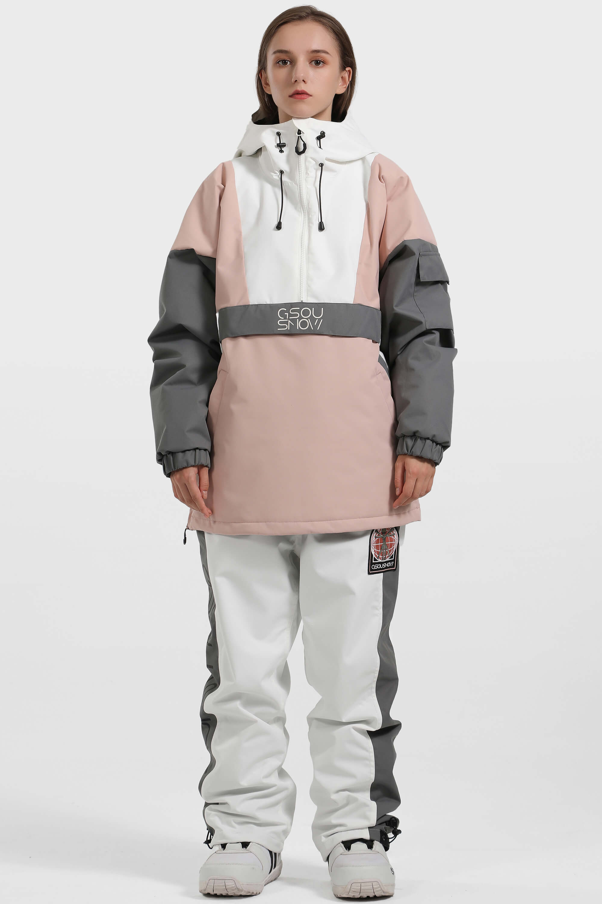Women's White & Black Baggy Kangaroo Pocket Waterproof Ski Anorak Snowboard Anoraks