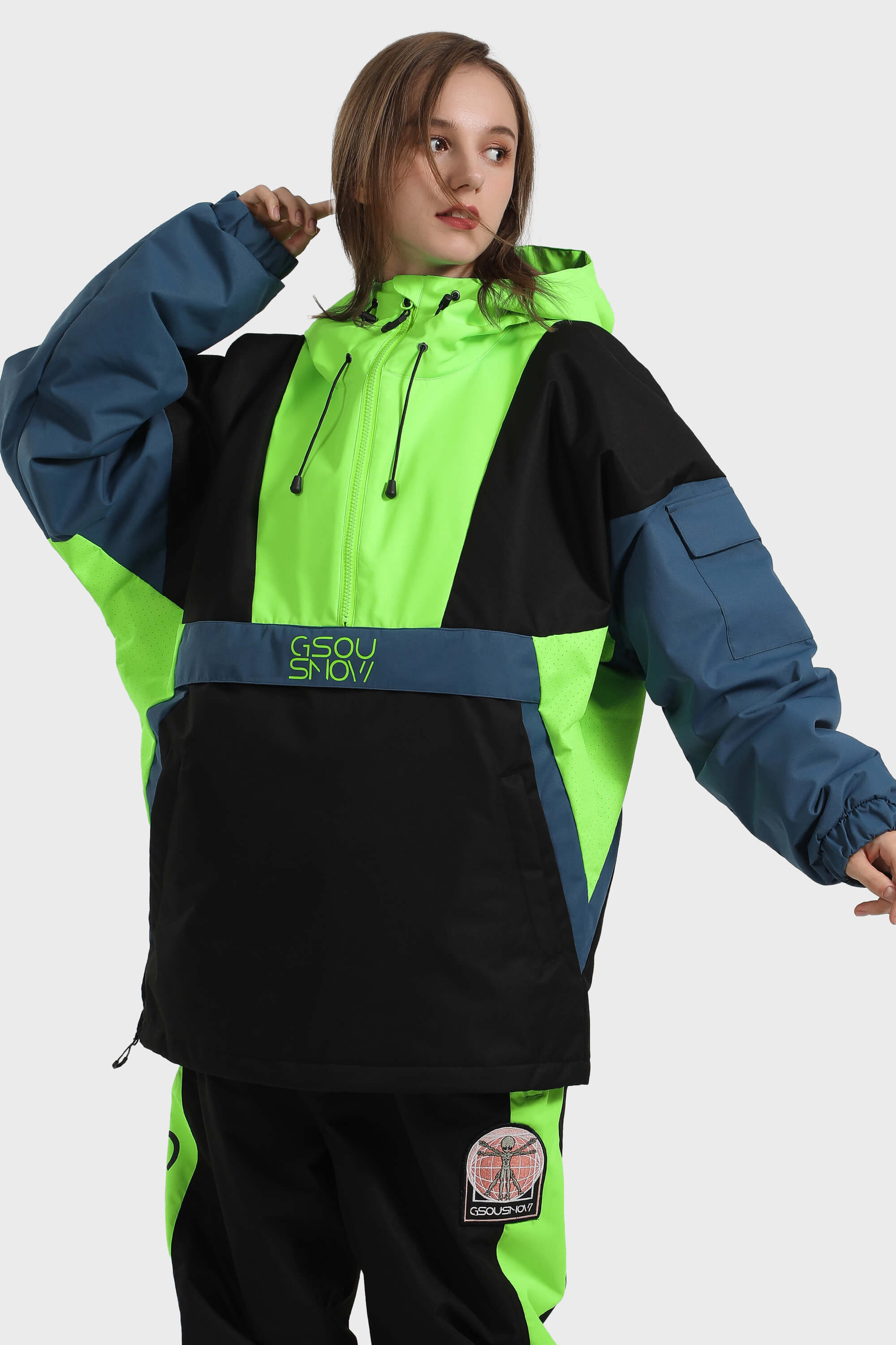 Women's White & Black Baggy Kangaroo Pocket Waterproof Ski Anorak Snowboard Anoraks