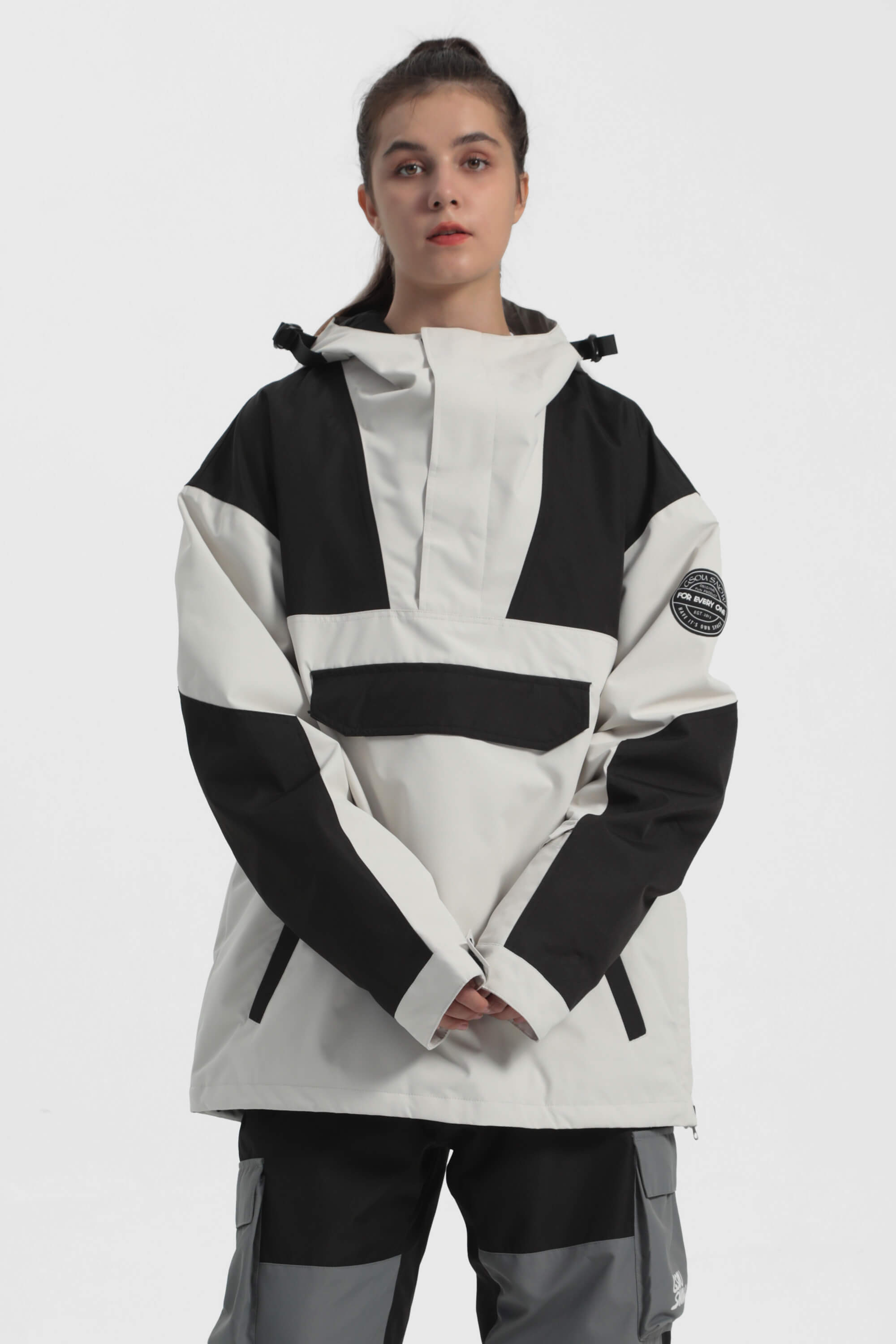 Women's Black Camo Insulated Color-Block Ski Anorak Snow Anoraks