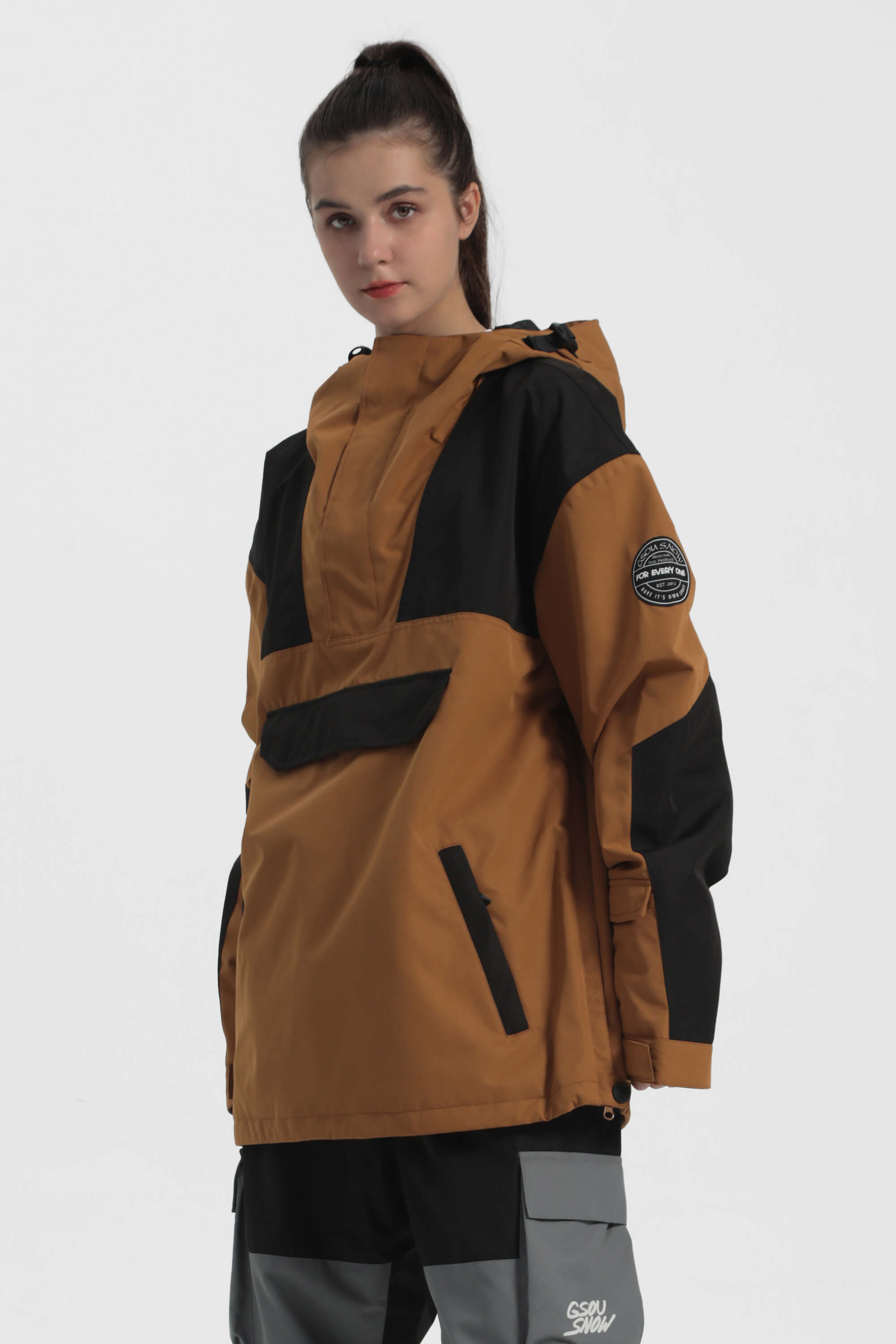 Women's Black Camo Insulated Color-Block Ski Anorak Snow Anoraks