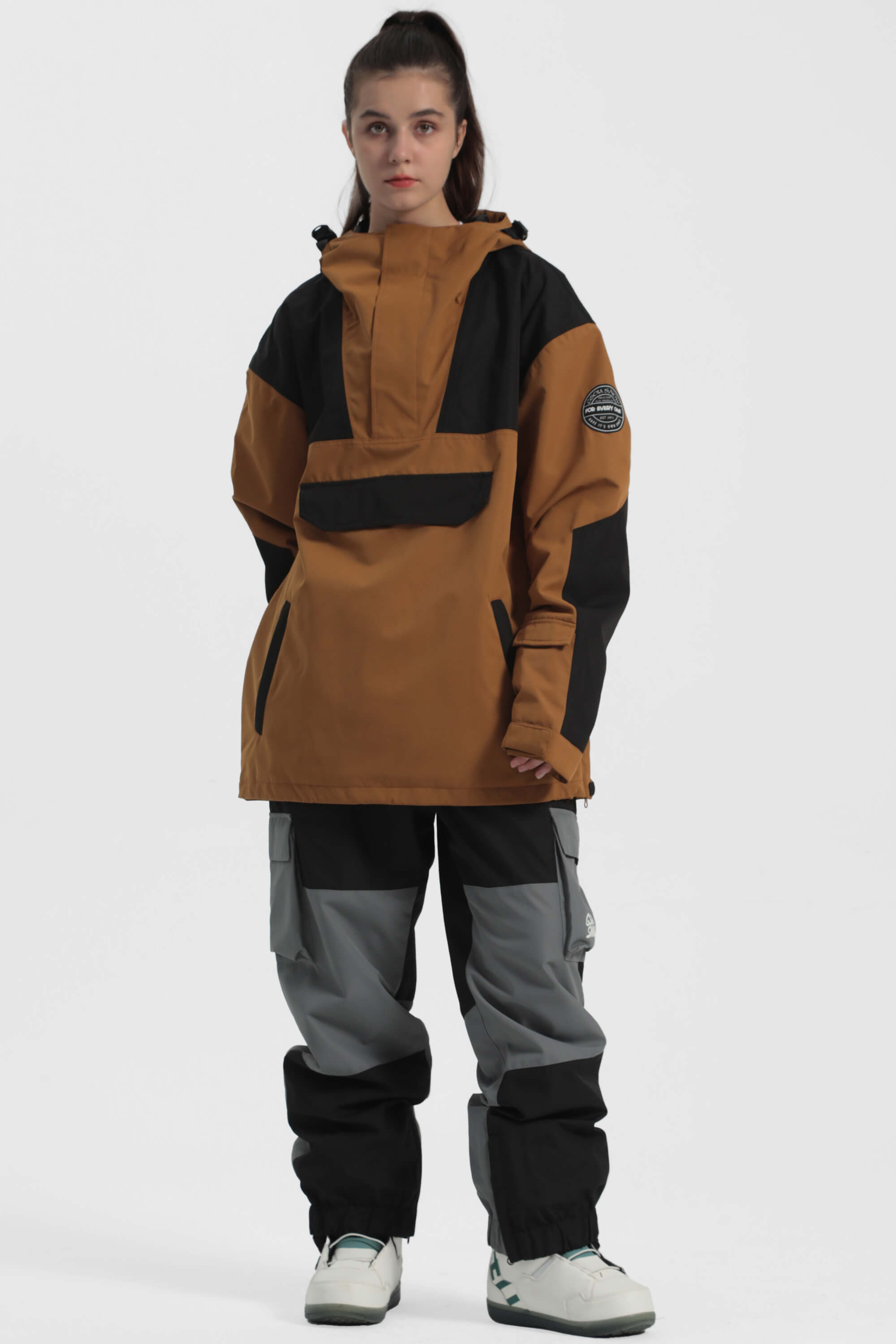 Women's Brown & Black Insulated Color-Block Ski Anorak Snow Anoraks