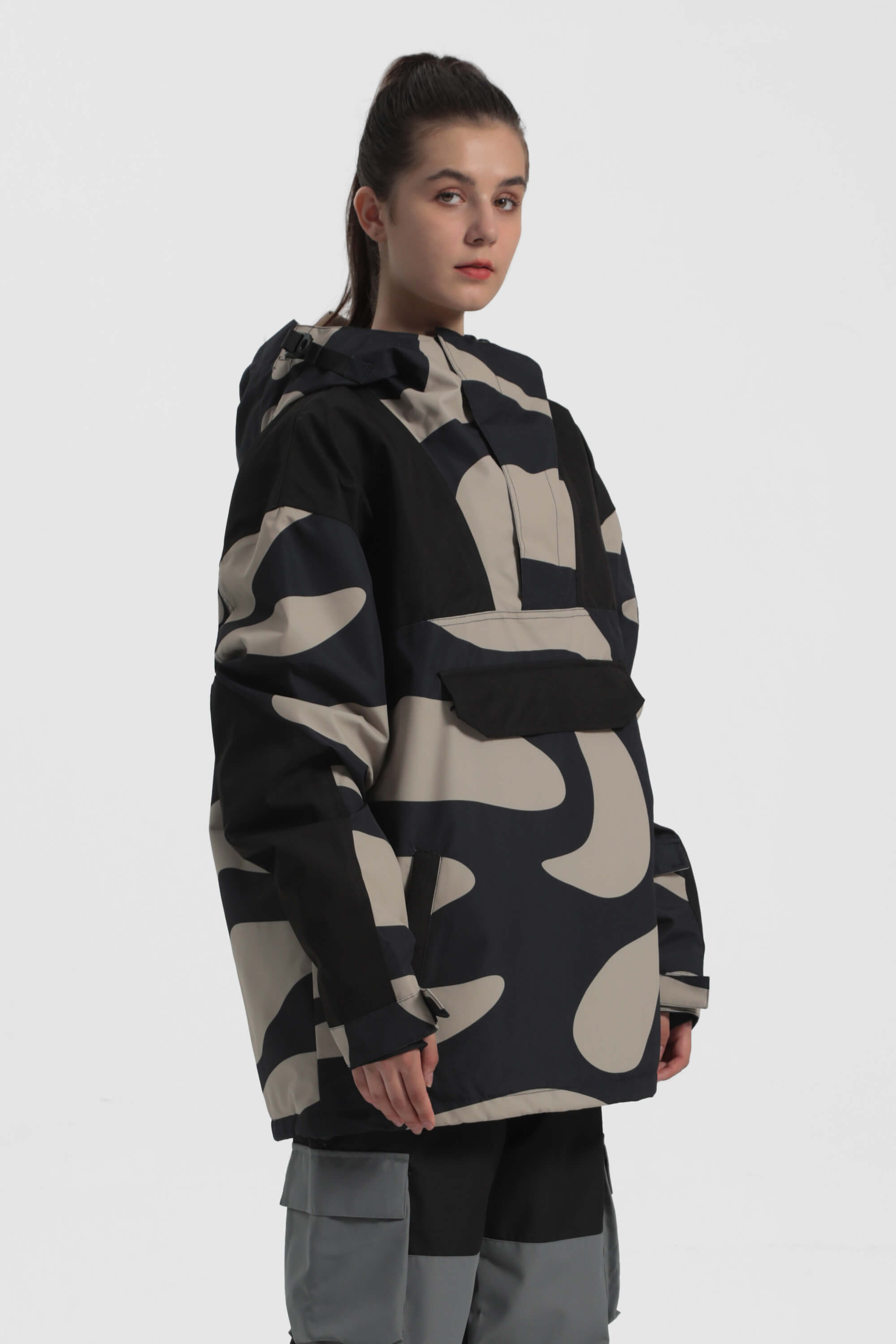 Women's Black Camo Insulated Color-Block Ski Anorak Snow Anoraks