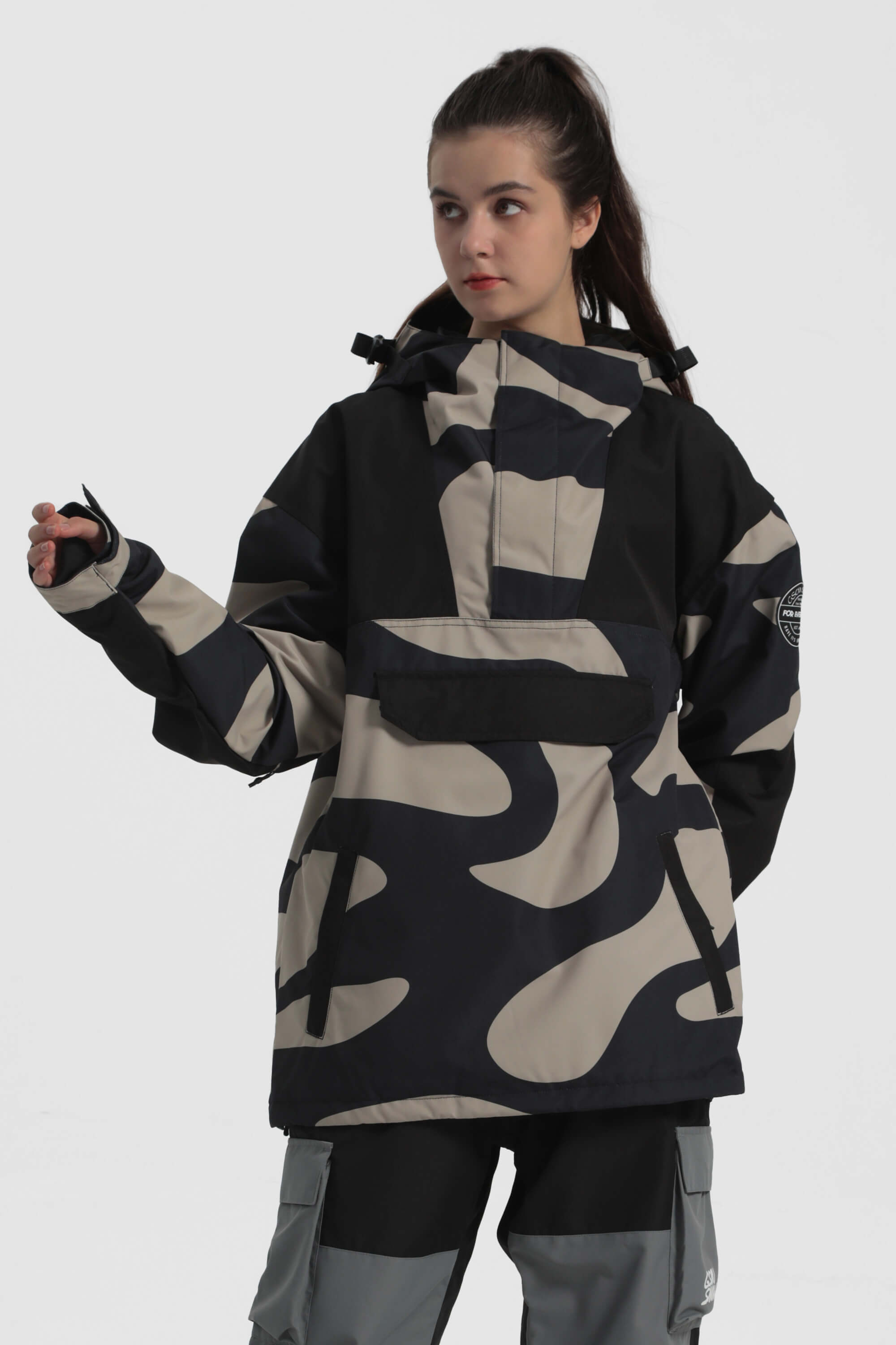 Women's Black Camo Insulated Color-Block Ski Anorak Snow Anoraks